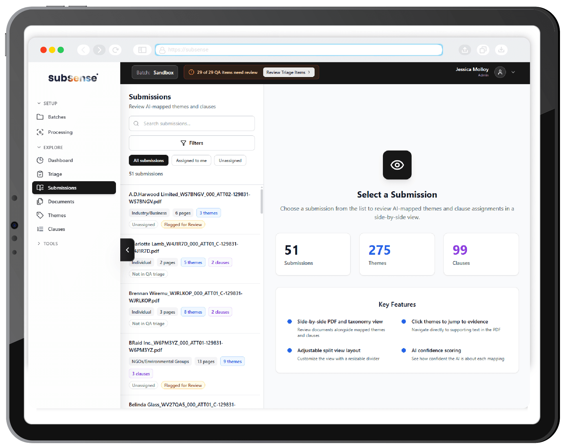 Subsense Submissions view — list of submissions with side-by-side review of AI-mapped themes and clauses.