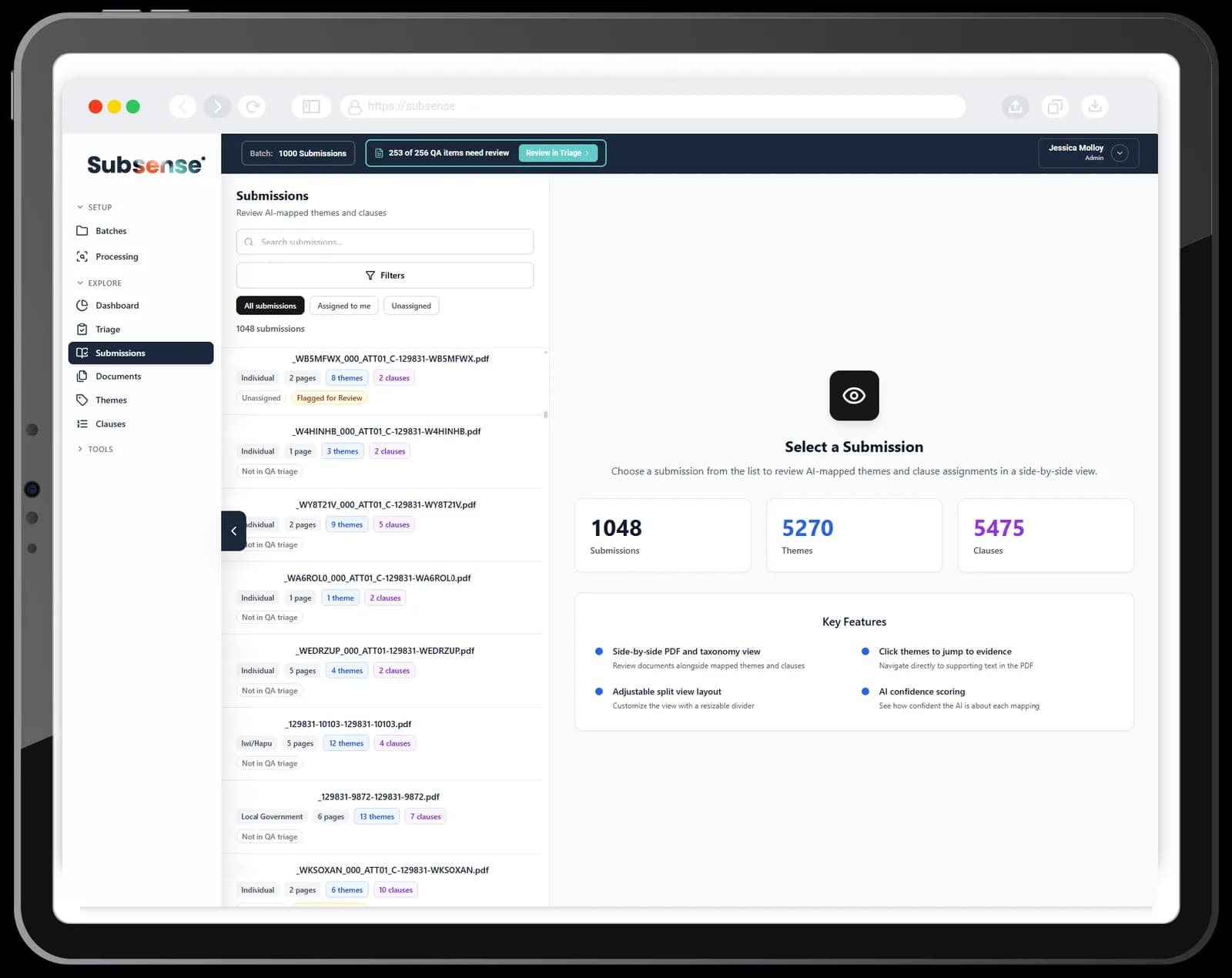 Subsense Submissions view — list of submissions with side-by-side review of AI-mapped themes and clauses.