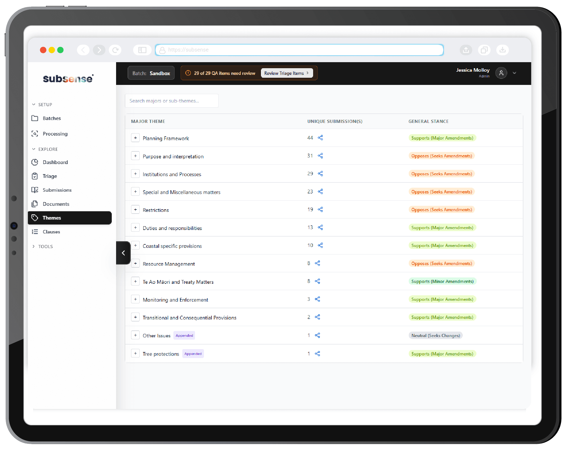Subsense Themes view — major themes ranked by unique submissions with general stance indicators.